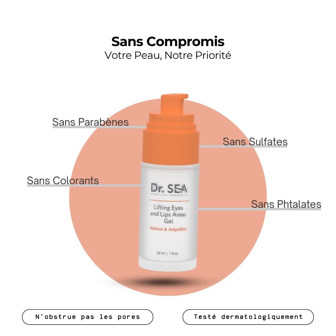 Flacon de gel avec pompe orange. Texte : Dr. SEA, Lifting Eyes and Lips Areas Gel. Sans parabènes, sulfates, colorants, phtalates.