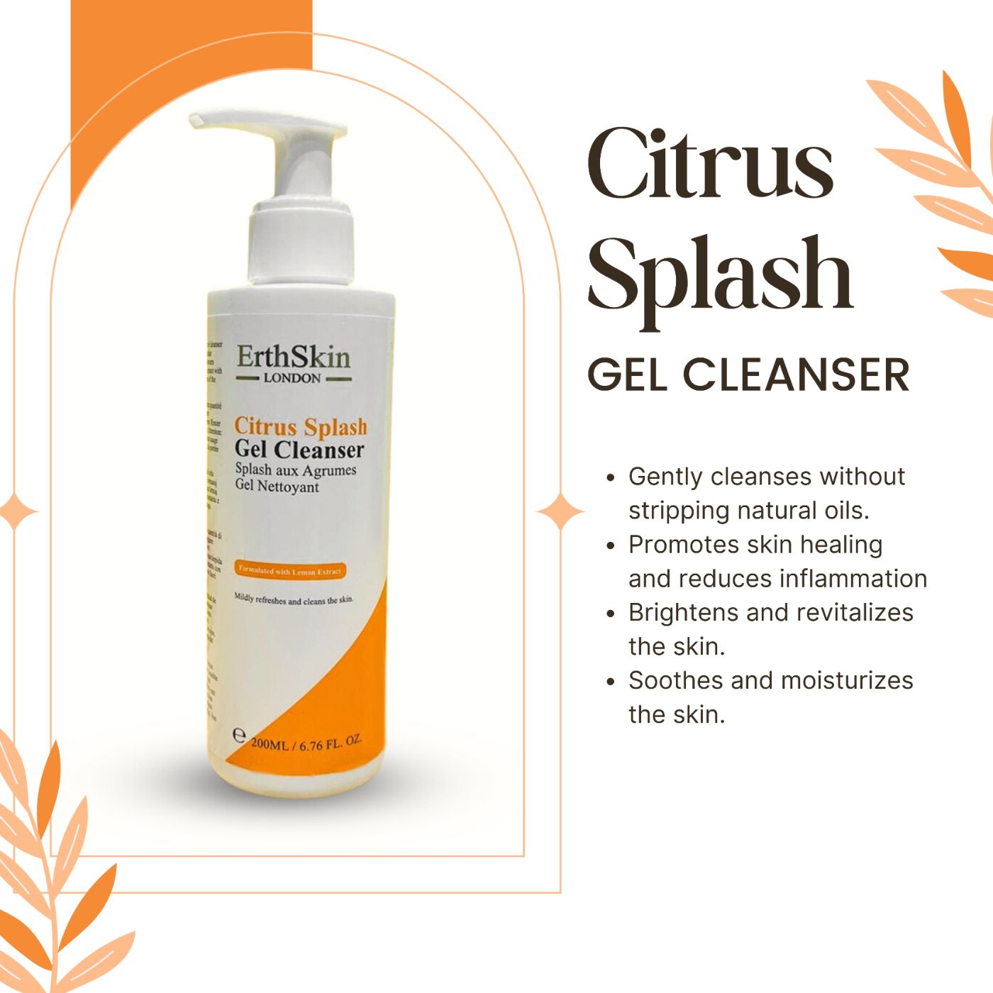 Witte dispenser ErthSkin London Citrus Splash Gel Cleanser. Tekst op oranje achtergrond. Productinfo rechts.