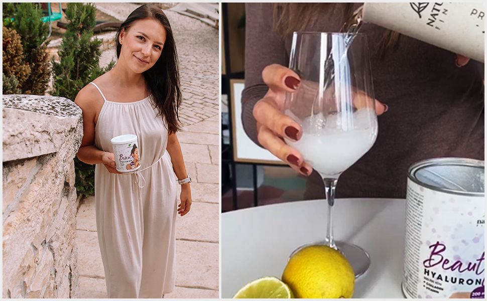 Femme tenant boîte "Beauty Hyaluron". Deuxième image: produit versé dans un verre. Citron à côté.