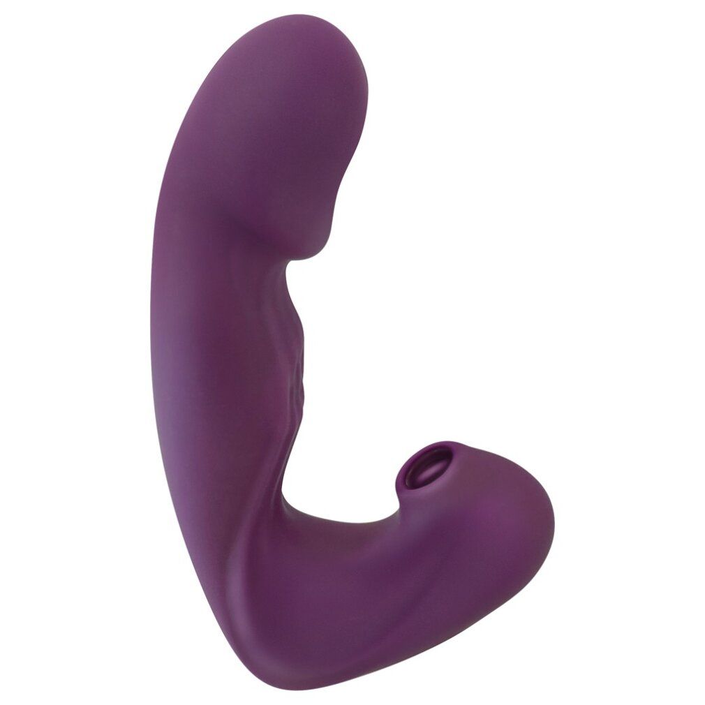 Vibrateur violet. Forme incurvée avec tête arrondie et ouverture. Surface lisse.
