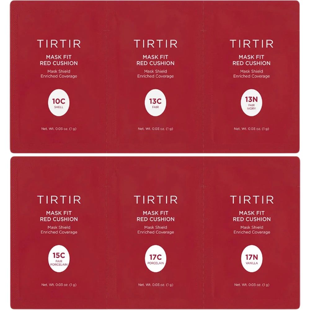 Six paquets rouges TIRTIR Mask Fit Red Cushion. Variantes de couleurs: 10C, 13C, 13N, 15C, 17C, 17N. Contiennent 0,03 oz (1g) chacun.