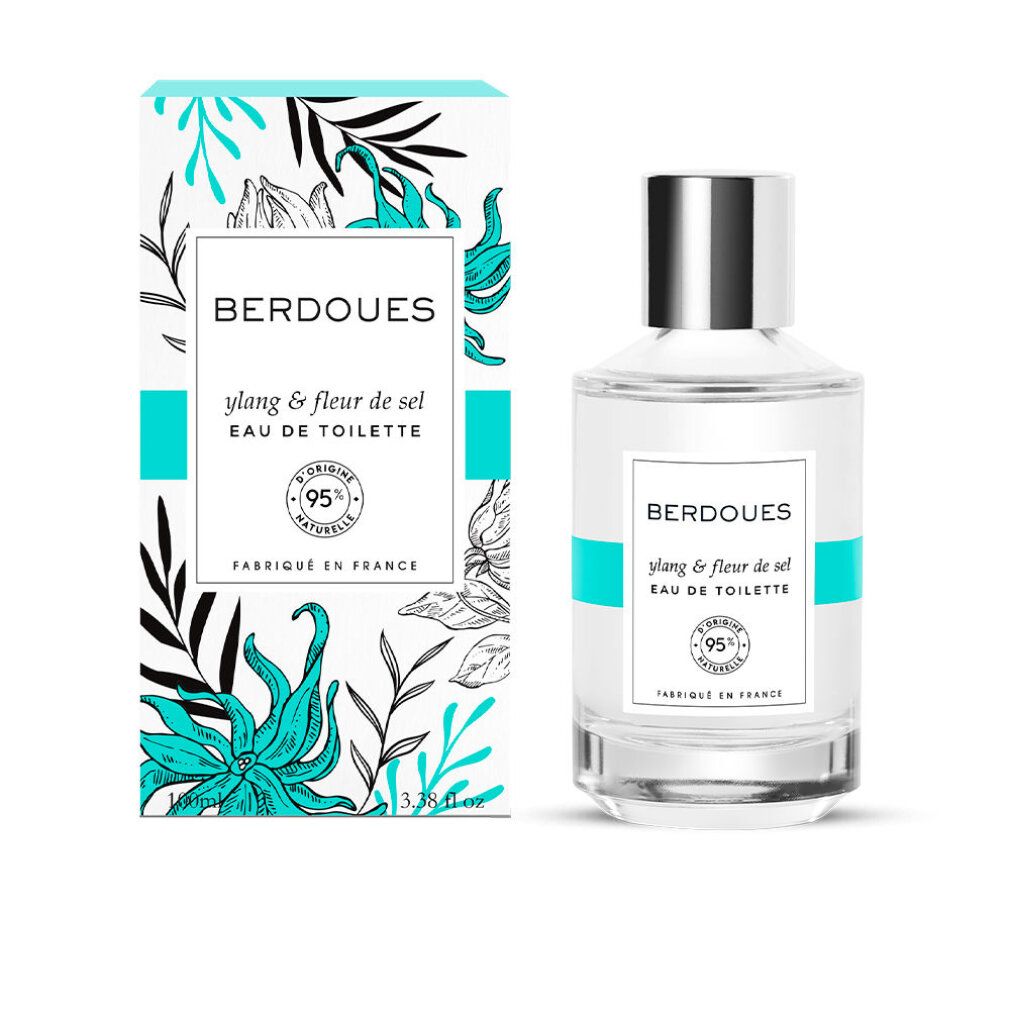 Flacon et boîte avec motif floral. Inscription : ylang & fleur de sel Eau de Toilette. 95% naturelle. Fabriqué en France.