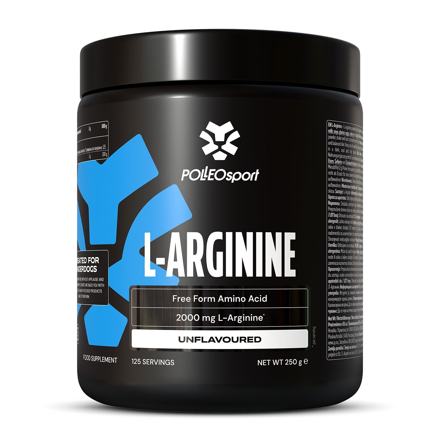 Zwarte pot met witte tekst L-Arginine. Merk Polleo Sport. Bevat 250g. Blauwe designelementen. Ongeflavourd.