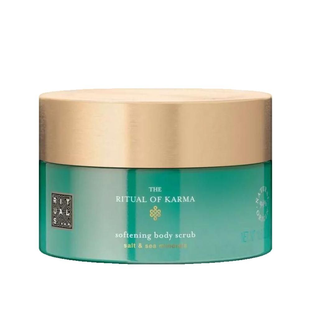 Pot rond avec couvercle doré. Récipient turquoise avec l'inscription "The Ritual of Karma softening body scrub".