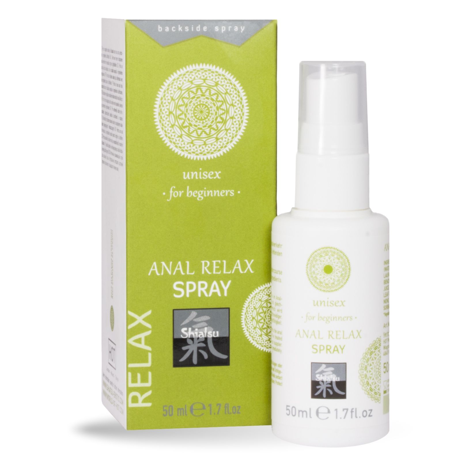 Witte fles en groene verpakking. Opschrift: ANAL RELAX SPRAY, unisex, Shiatsu. 50 ml.