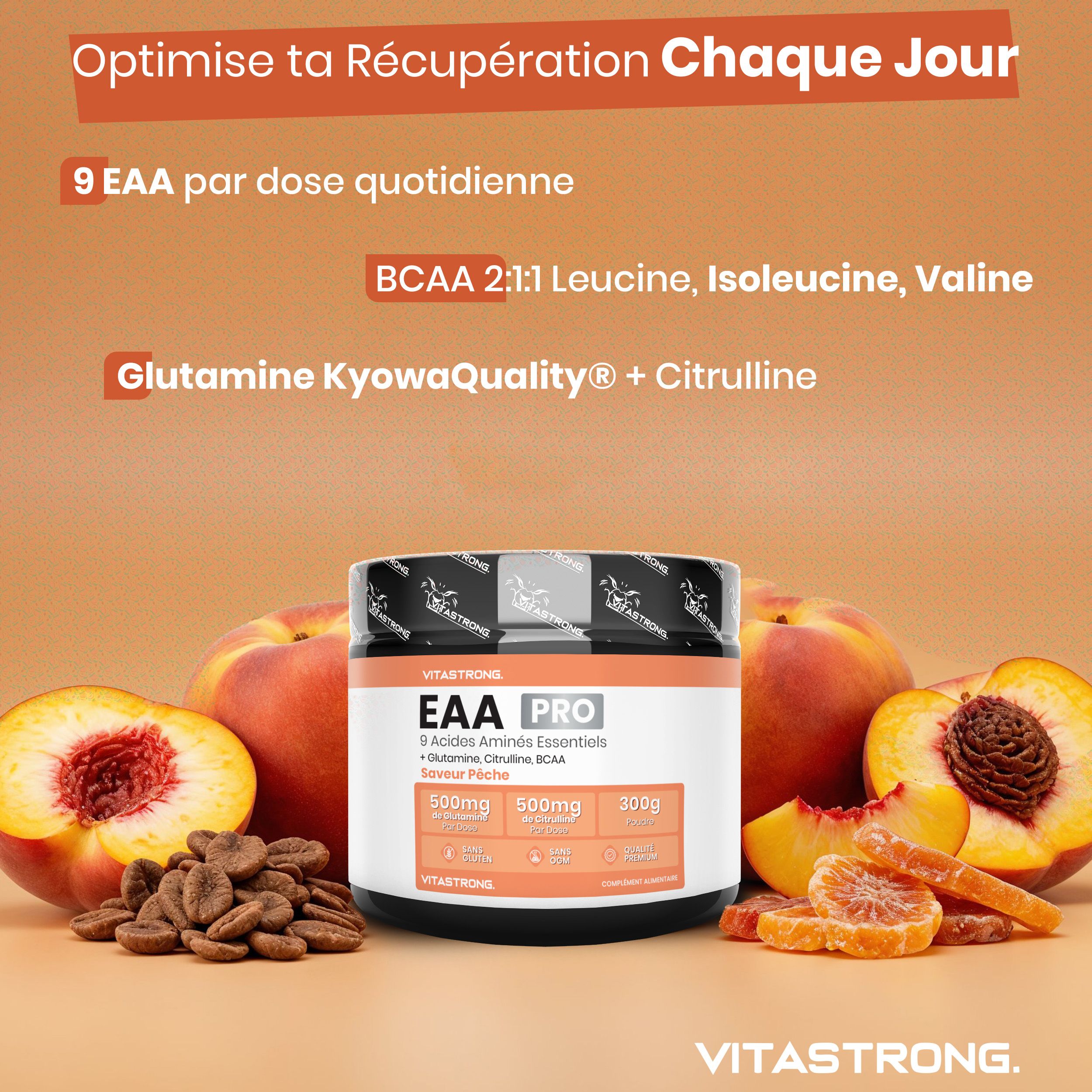 Pot Vitastrong EAA Pro, perziksmaak. 300g. Mensen met spieropbouw, herstel en vermoeidheidsbestrijding. Perziken.