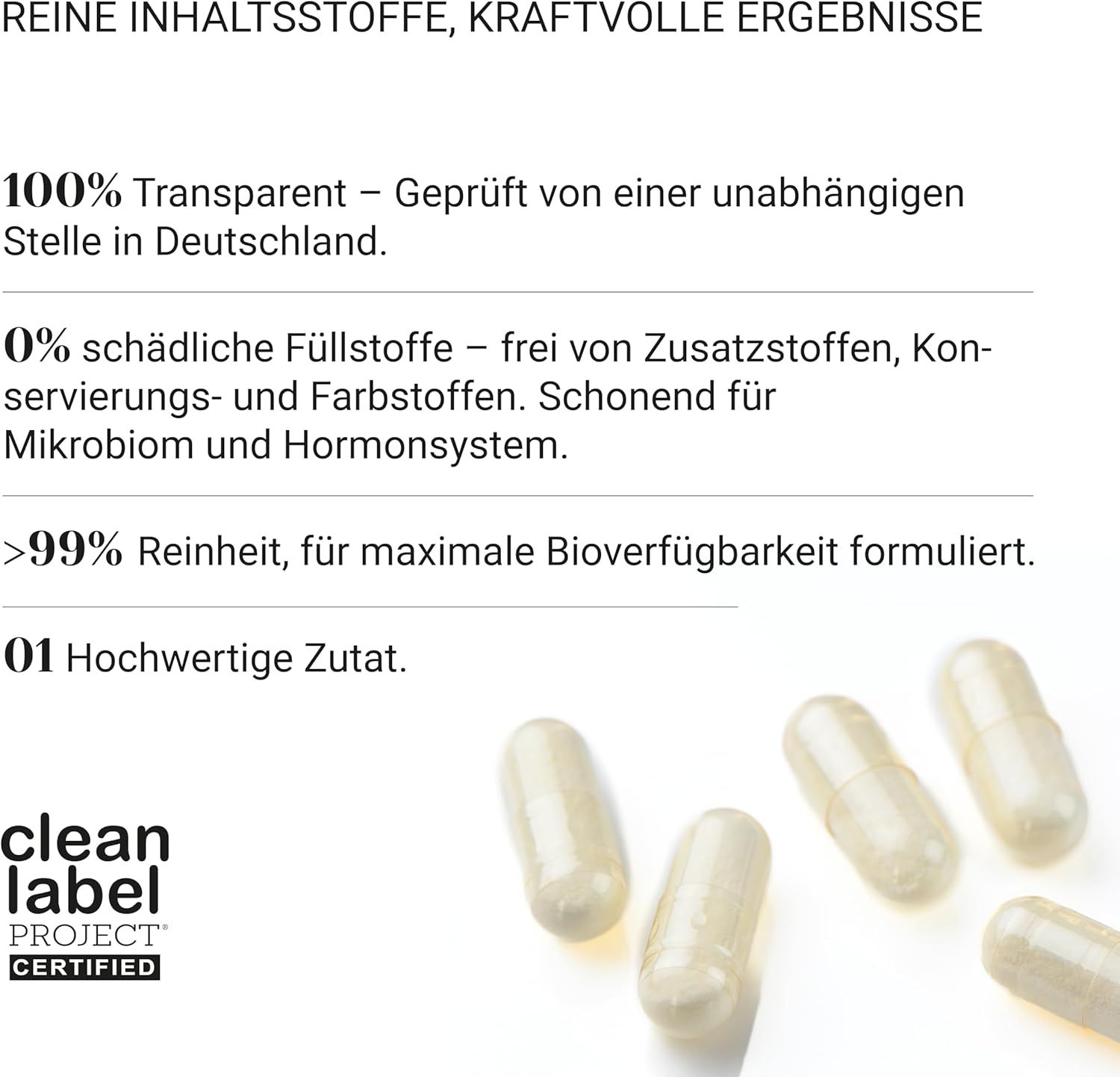 Gélules sur fond blanc. 100% transparent, testé, sans charges.