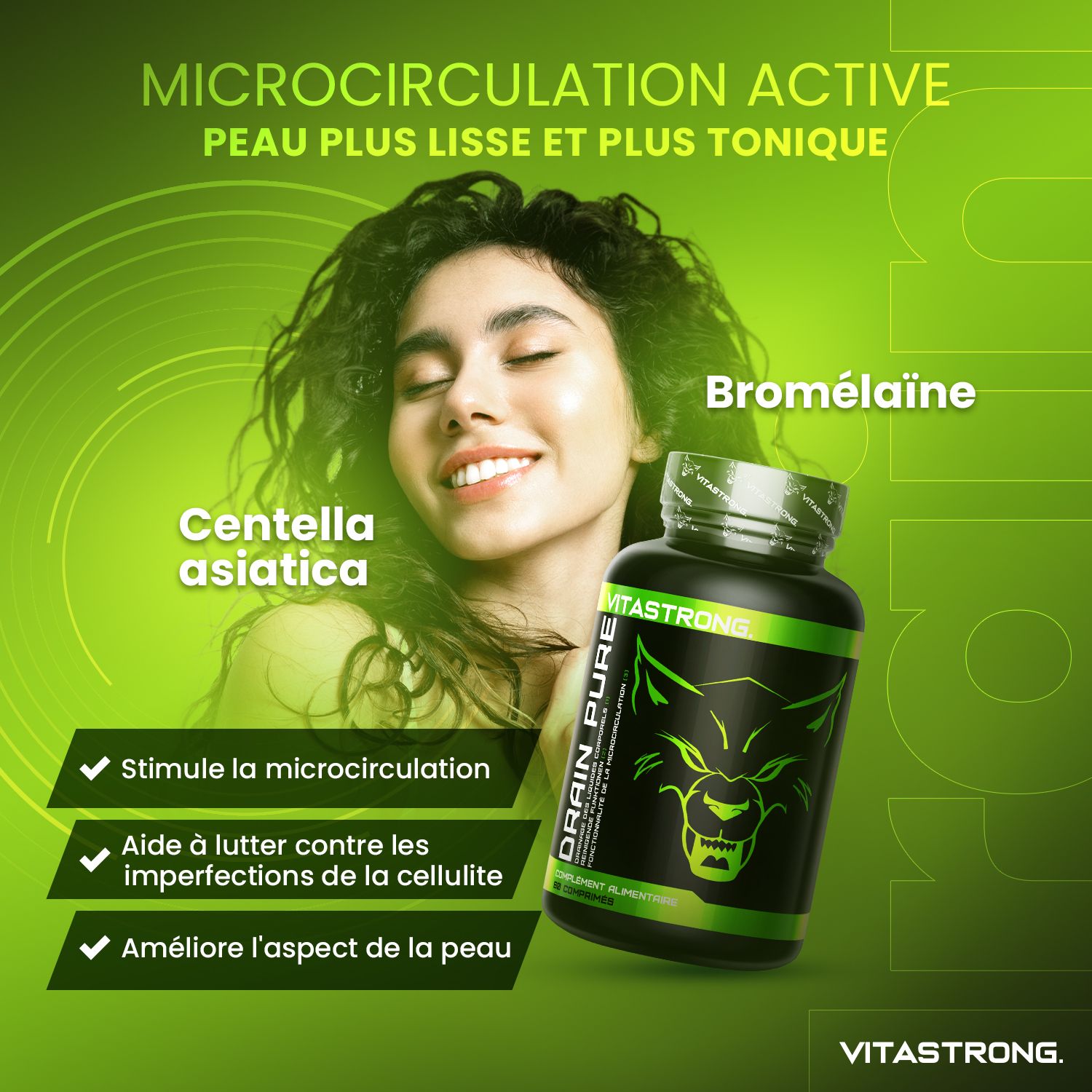 Lachende vrouw. Tekst: Actieve microcirculatie. Vitastrong. Groen-wit design. Centella asiatica, Bromelaïne.