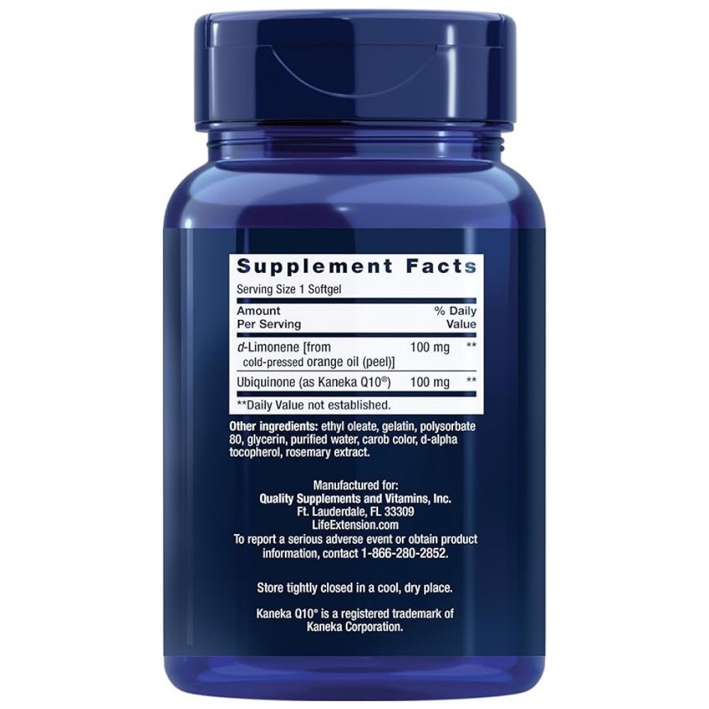 Achterkant van een blauwe pot met Life Extension Super-Absorbeerbaar CoQ10 100 mg. Bevat Supplement Facts.
