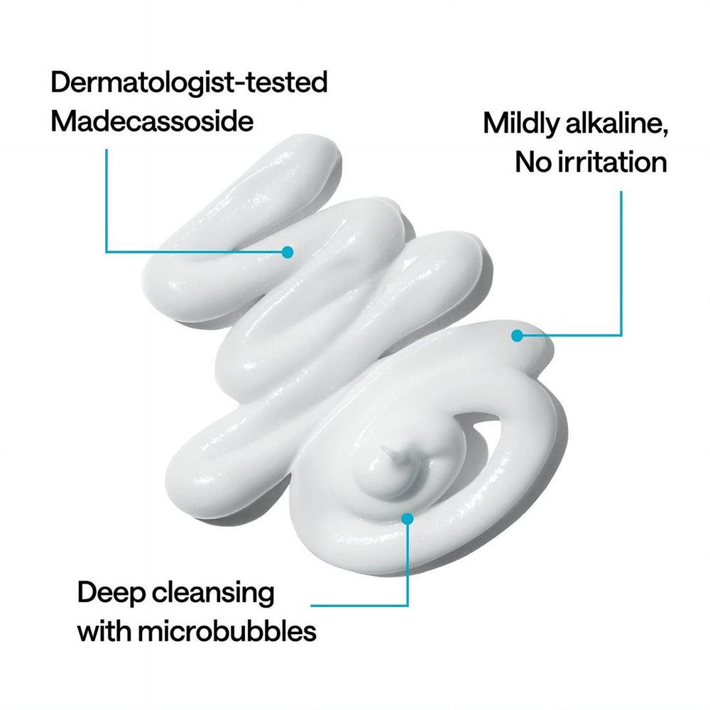 Cordons de crème blanche avec texte. Texte: Testé par des dermatologues, Madecassoside, Légèrement alcalin, pas d'irritation, Nettoyage en profondeur.