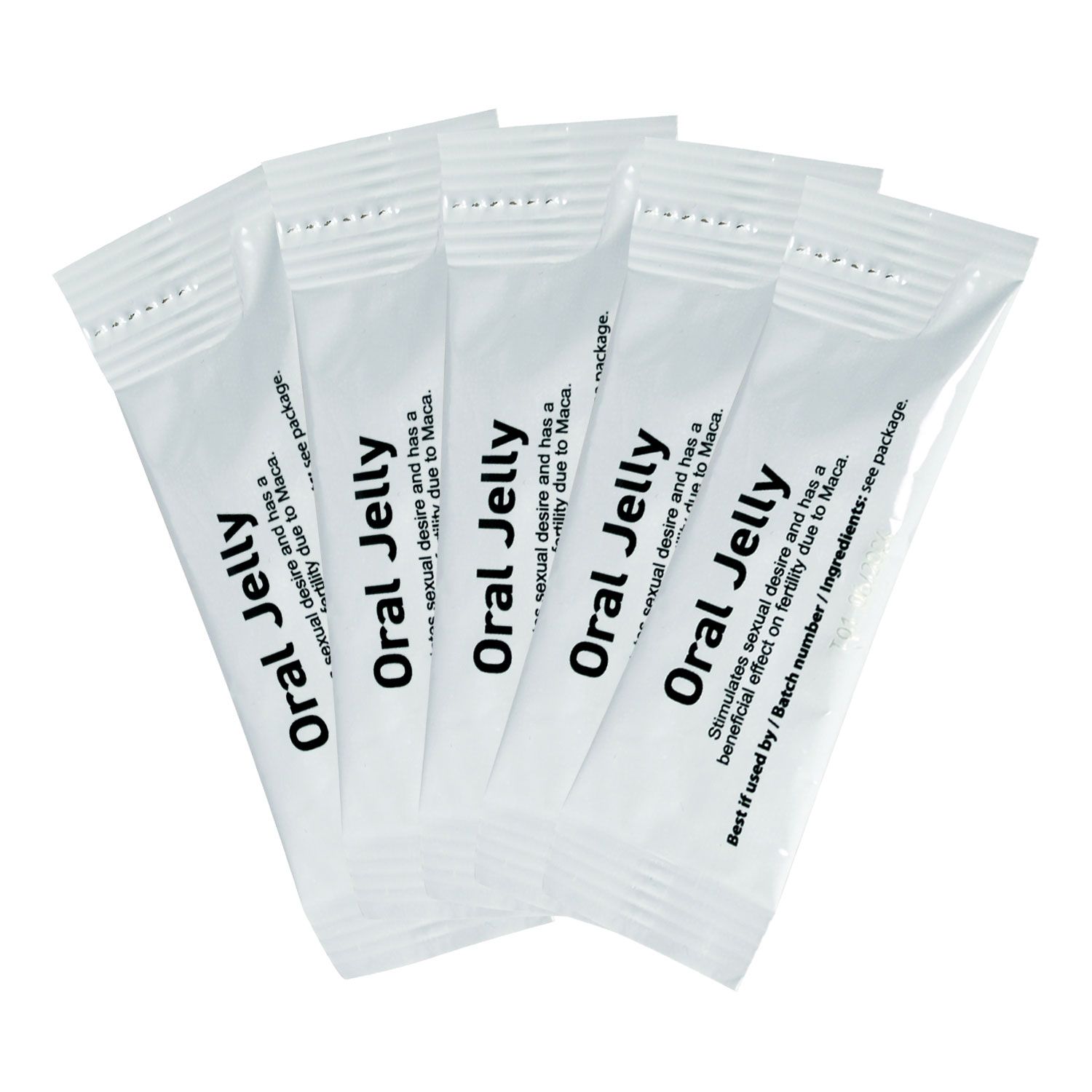 Vijf individuele sachets Oral Jelly, een voedingssupplement voor mannen en vrouwen.