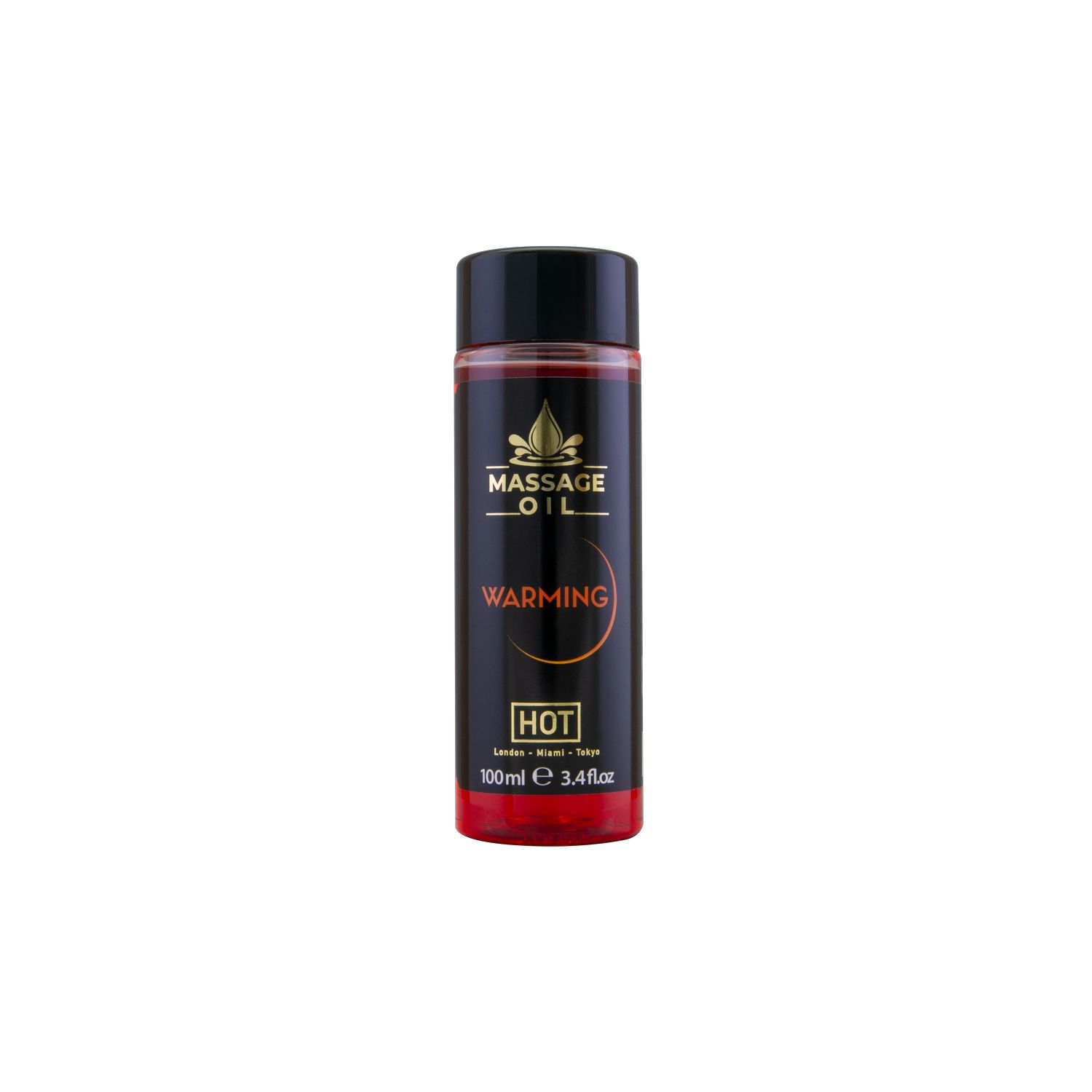 Cilindrische fles met rode vloeistof. Zwarte dop. Etiket 'MASSAGE OIL Warming' en 'HOT'.