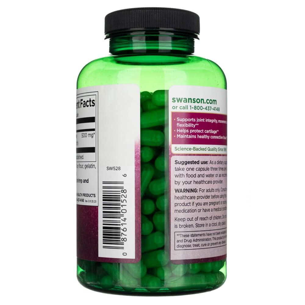Groene plastic fles met zwarte dop, gevuld met groene capsules. Etiketten met voedingsfeiten en gebruiksinstructies.