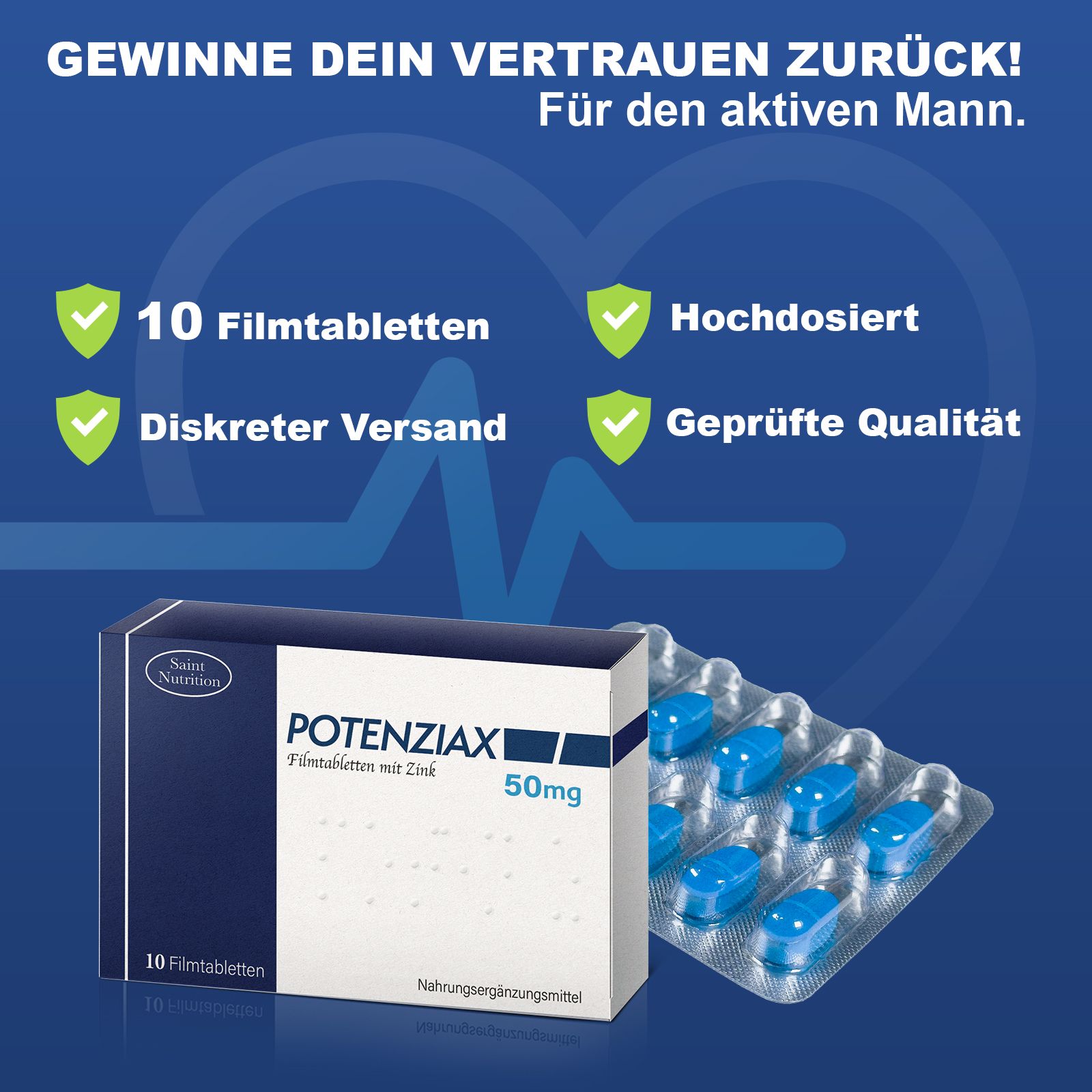 Doos en blisterverpakking met tabletten. Tekst: 10 Filmtabletten, discrete verzending, geteste kwaliteit, hoog gedoseerd. Potenziax® 50mg.