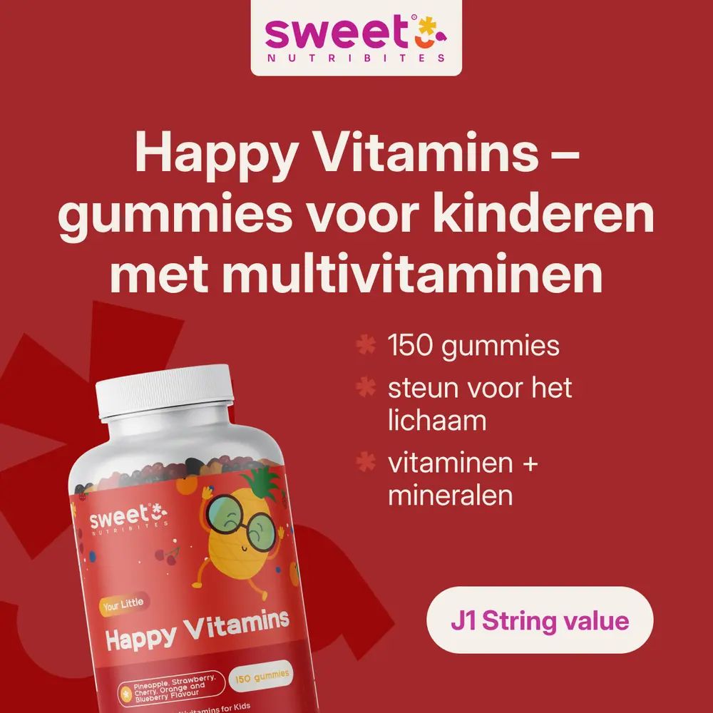 Kind houdt sinaasappels voor ogen. Fles met gummies. Tekst: 150 gummies, ondersteuning voor het lichaam, vitaminen + mineralen.