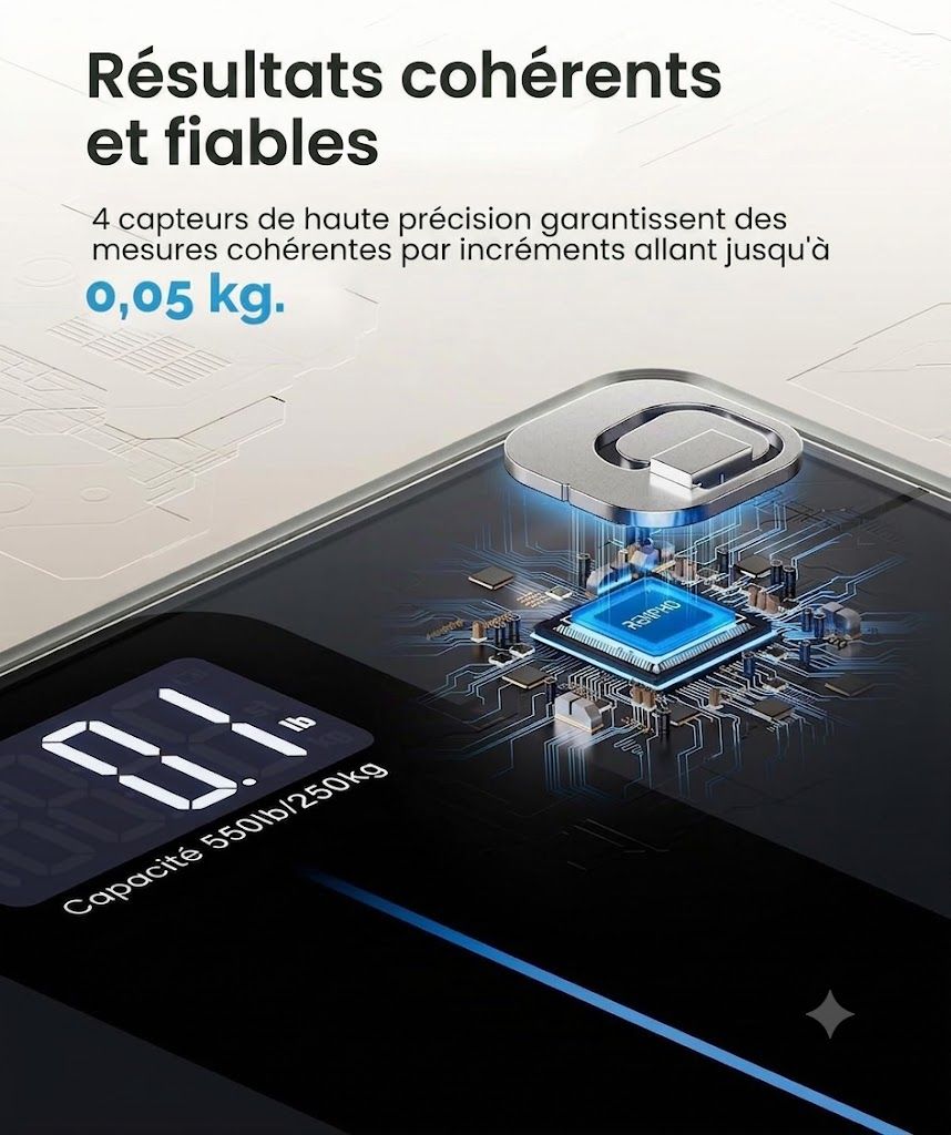 Balance numérique avec écran rétroéclairé affichant 8.1 lb/250kg. Gros plan sur la carte de circuit imprimé interne et les capteurs.