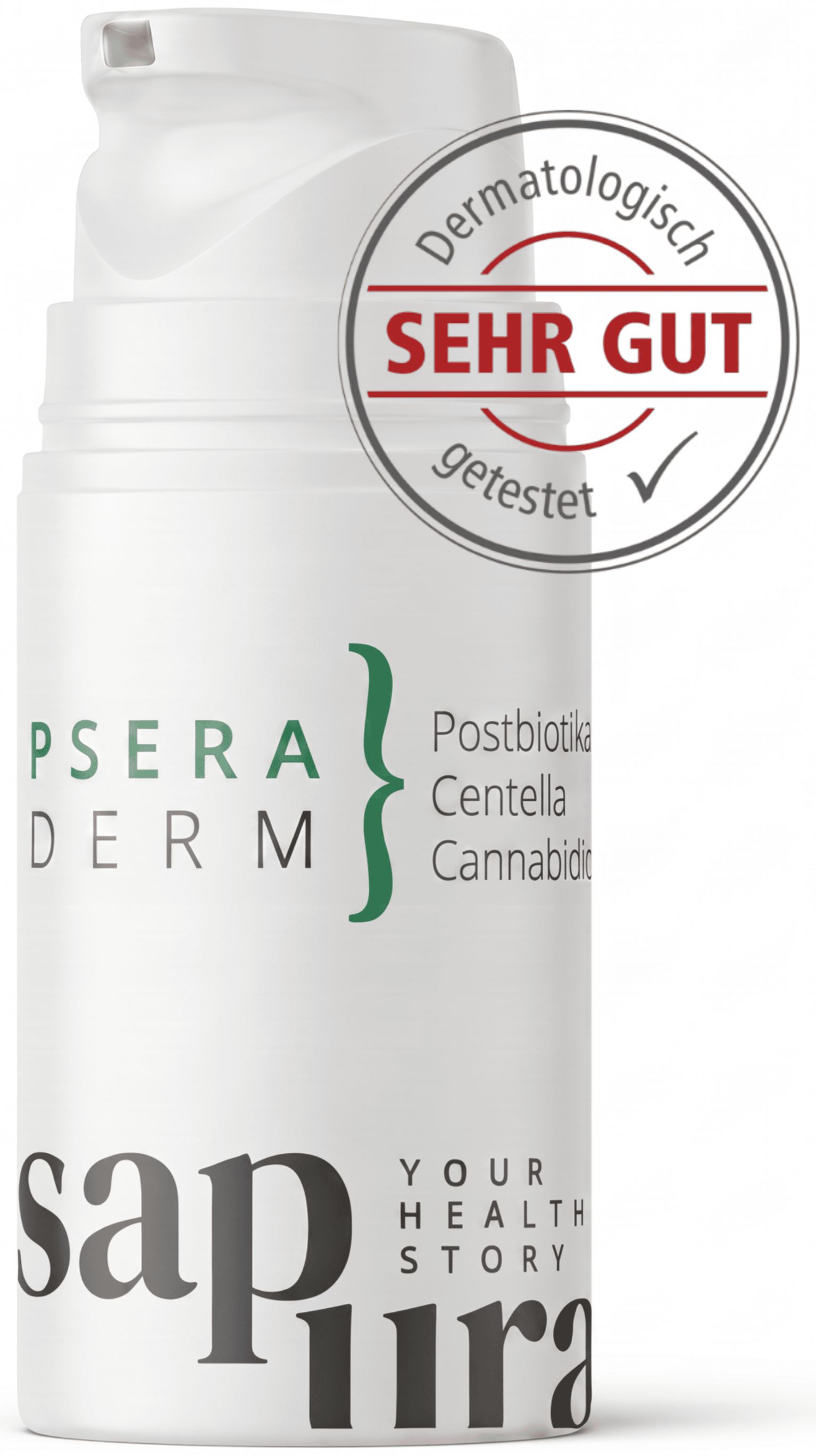 Flacon pompe blanc avec sceau « Testé dermatologiquement TRÈS BIEN ».