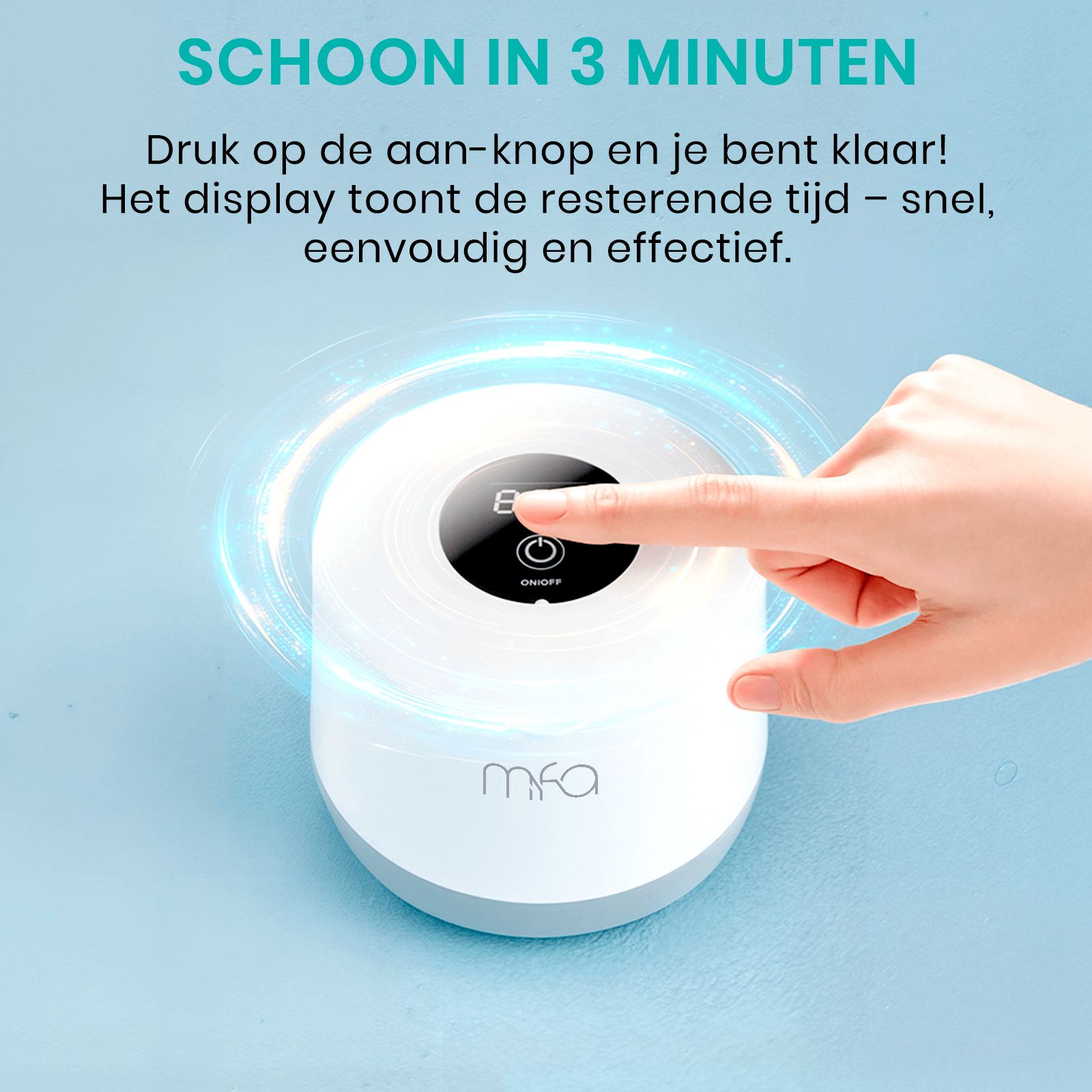 Ultrasoonreiniger met aanraakpaneel. Wit apparaat met "mfa"-logo. Vinger raakt paneel aan. Tekst: "SCHOON IN 3 MINUTEN".
