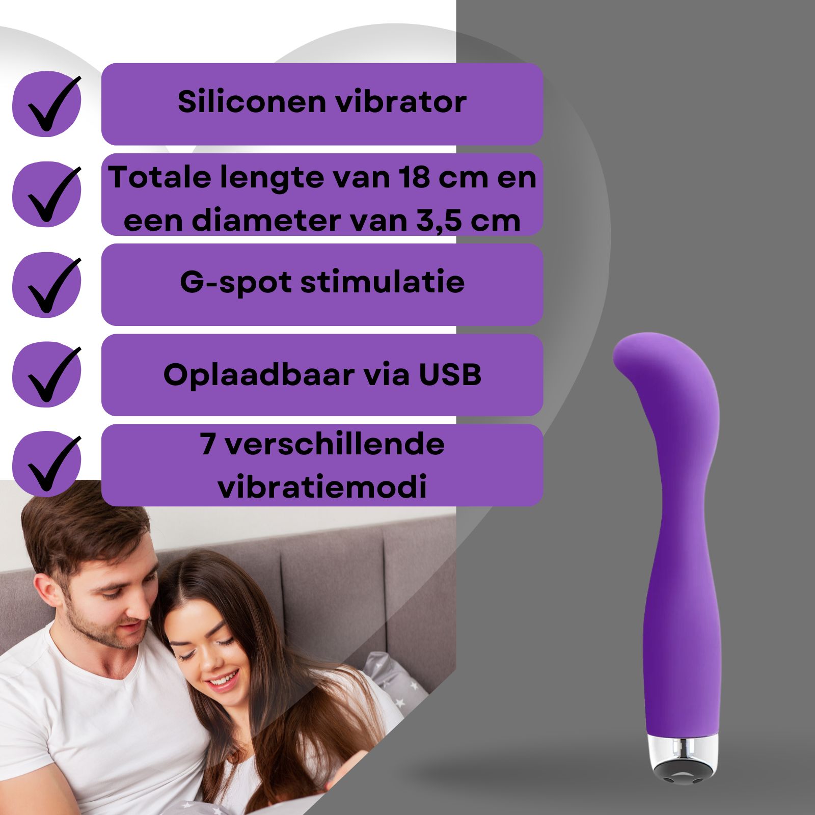 Paarse vibrator. Tekst: Siliconen vibrator, 18cm, 3,5cm diameter, G-spot stimulatie, USB oplaadbaar, 7 standen.