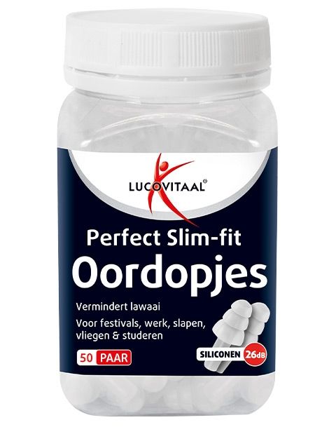 Transparante pot met witte oordopjes. Opschrift: Lucovitaal, Perfect Slim-fit Oordopjes, 50 Paar, Siliconen 26dB.