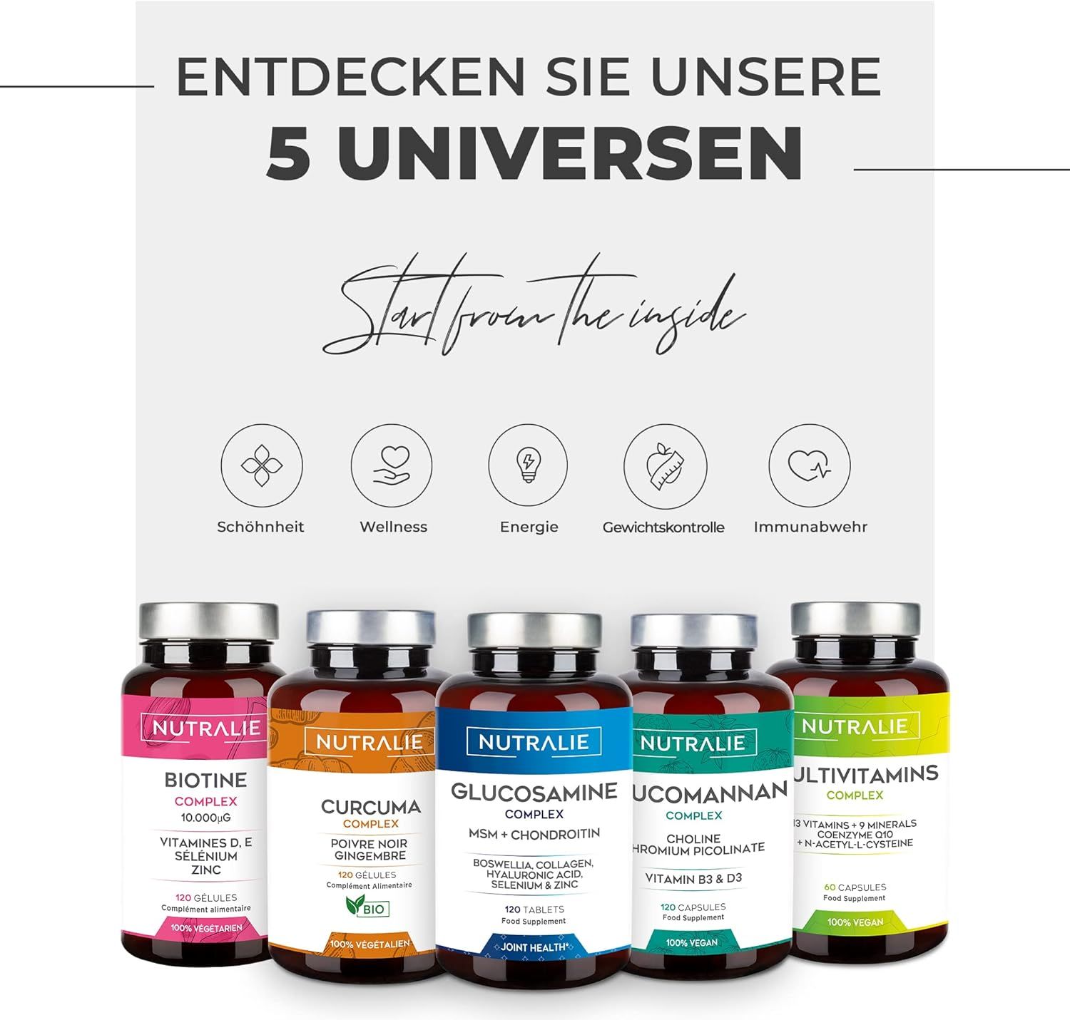 Vijf flessen Nutralie voedingssupplementen. Biotine, Curcuma, Glucosamine, Ucomannan, Multivitaminen. 180 capsules per fles.