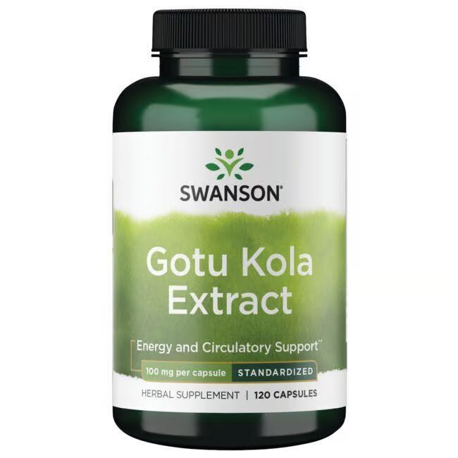 Flacon vert avec étiquette blanche. Inscription: SWANSON Gotu Kola Extract. 100 mg par capsule. Standardisé. 120 capsules.