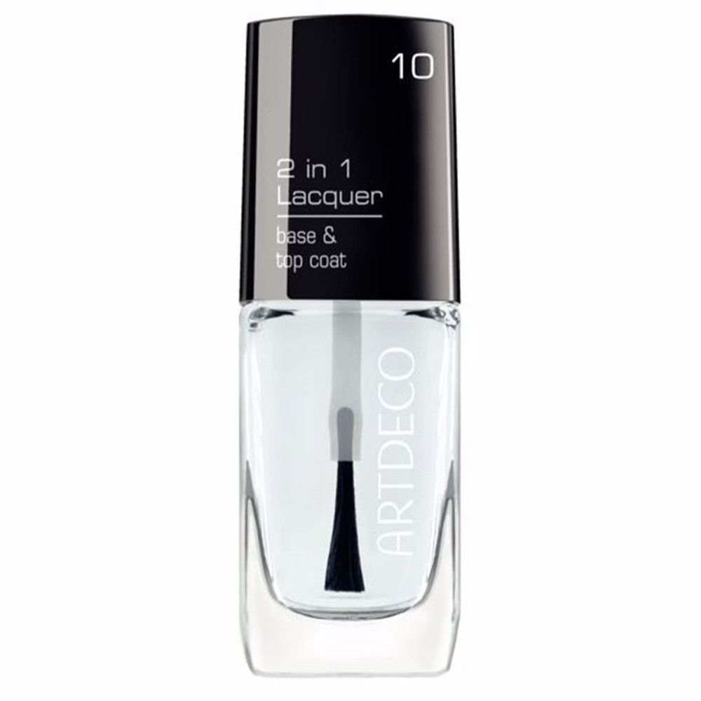 Flacon de vernis à ongles transparent avec bouchon noir. Inscription: 2 en 1 Lacquer Base & Top Coat. Marque ARTDECO.