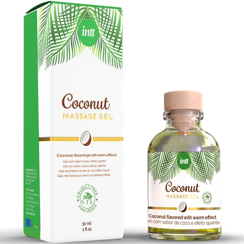 Intt Kokos Massage Gel fles en verpakking. Met palmbladontwerp en zegels.