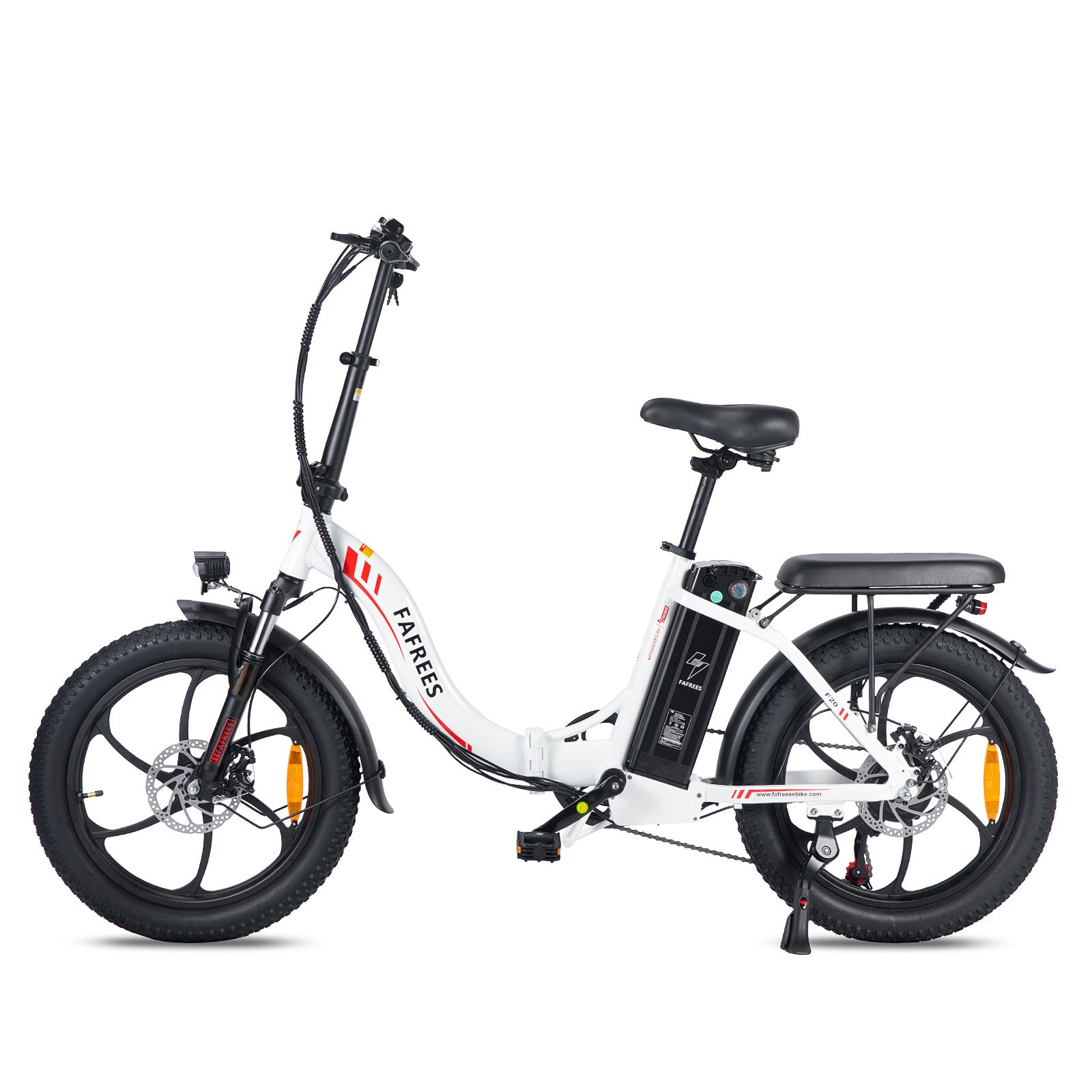 Opvouwbare e-bike FAFREES F20, wit, zwarte banden, rood logo. Schijfremmen, bagagerek, spatborden, oranje reflectoren.