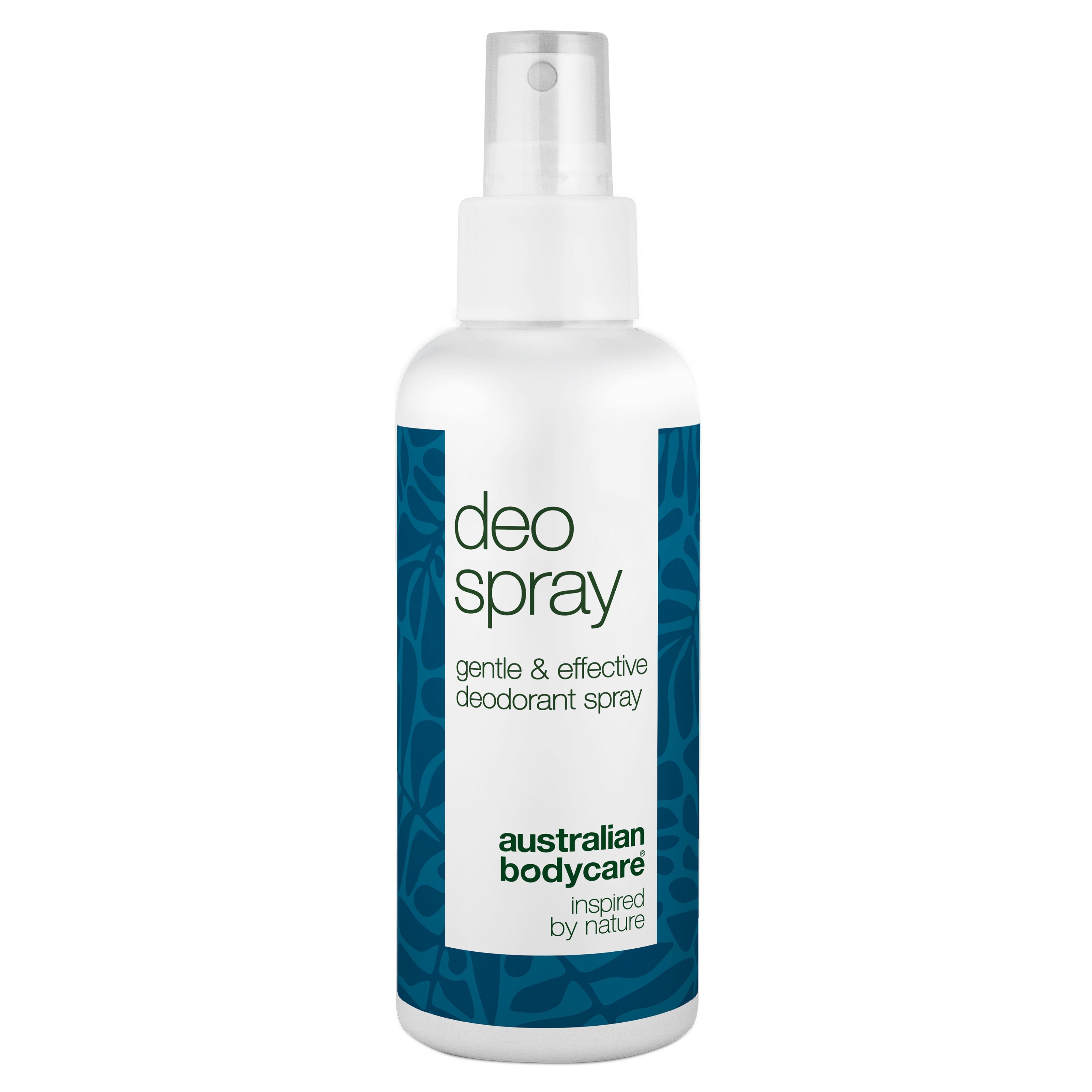 Flacon de déodorant spray blanc avec étiquette bleue. Inscription: Deo Spray, Australian Bodycare.