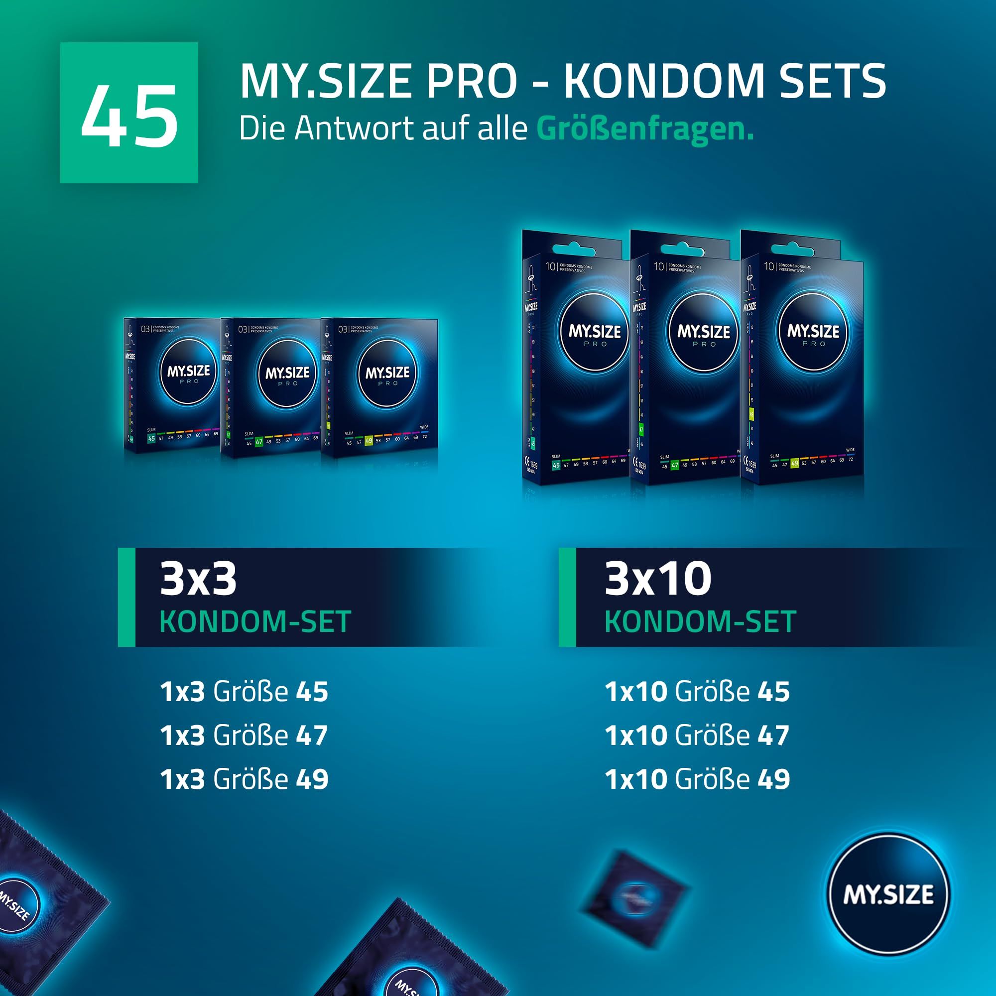 Sets de préservatifs MY.SIZE : paquets 3x3 et 3x10 en tailles 45, 47, 49.