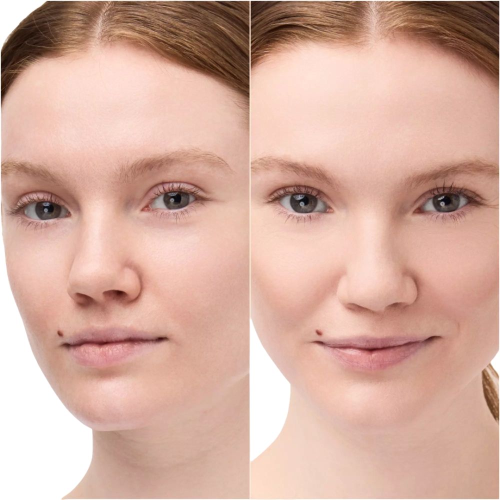 Deux visages d'une femme. Non maquillé à gauche, maquillé à droite. Les deux ont la peau claire et les yeux bruns.