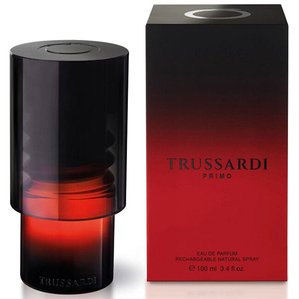 Flacon noir dégradé rouge et emballage noir. "Trussardi Primo" est écrit sur l'emballage.