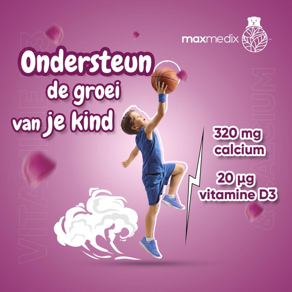 Kind met basketbal. Tekst: Ondersteun de groei van je kind. 320 mg Calcium, 20 µg Vitamine D3.