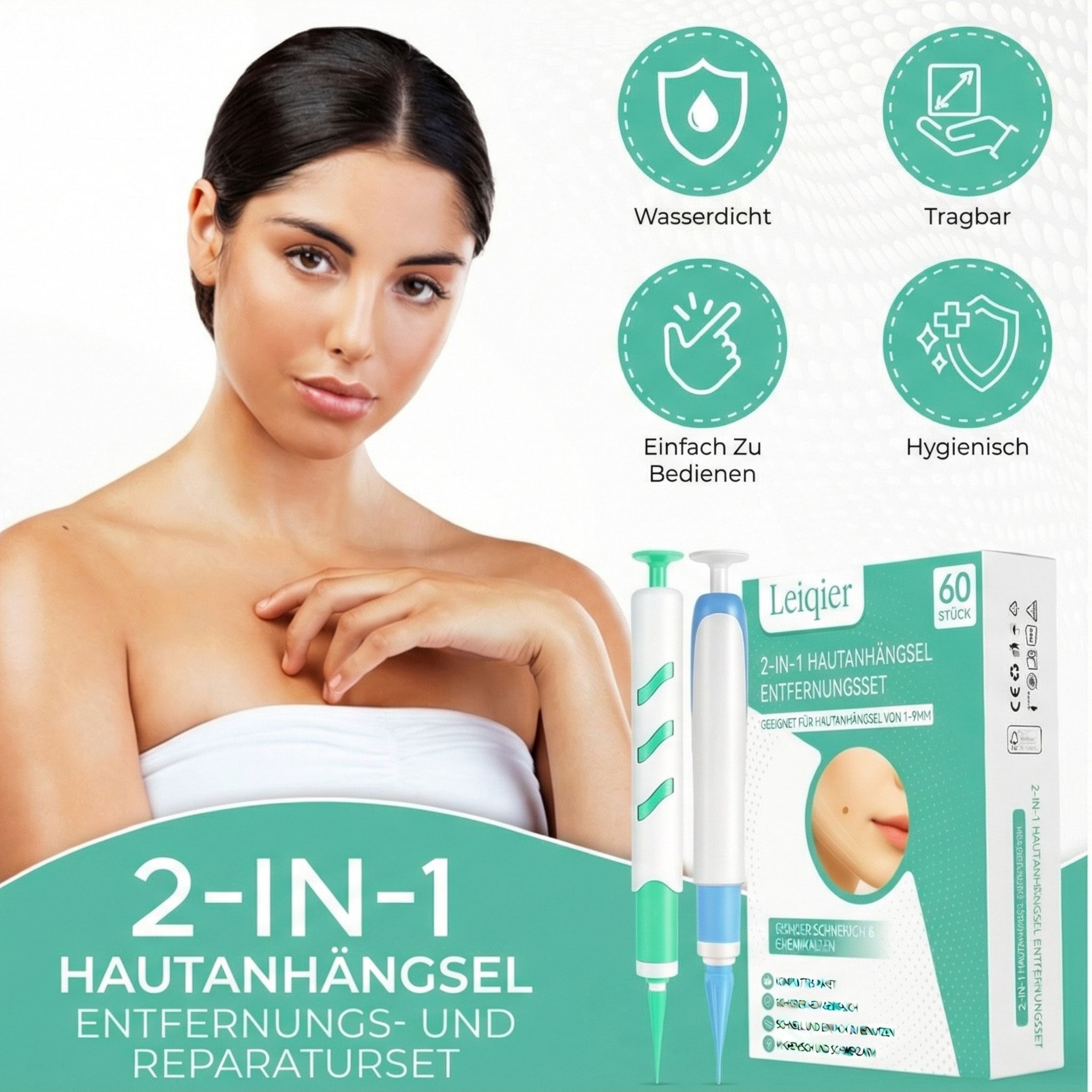 Vrouw met Leiqier kit. 2-in-1 huidlabel verwijder- en reparatieset. Waterdicht, draagbaar, gemakkelijk te gebruiken.