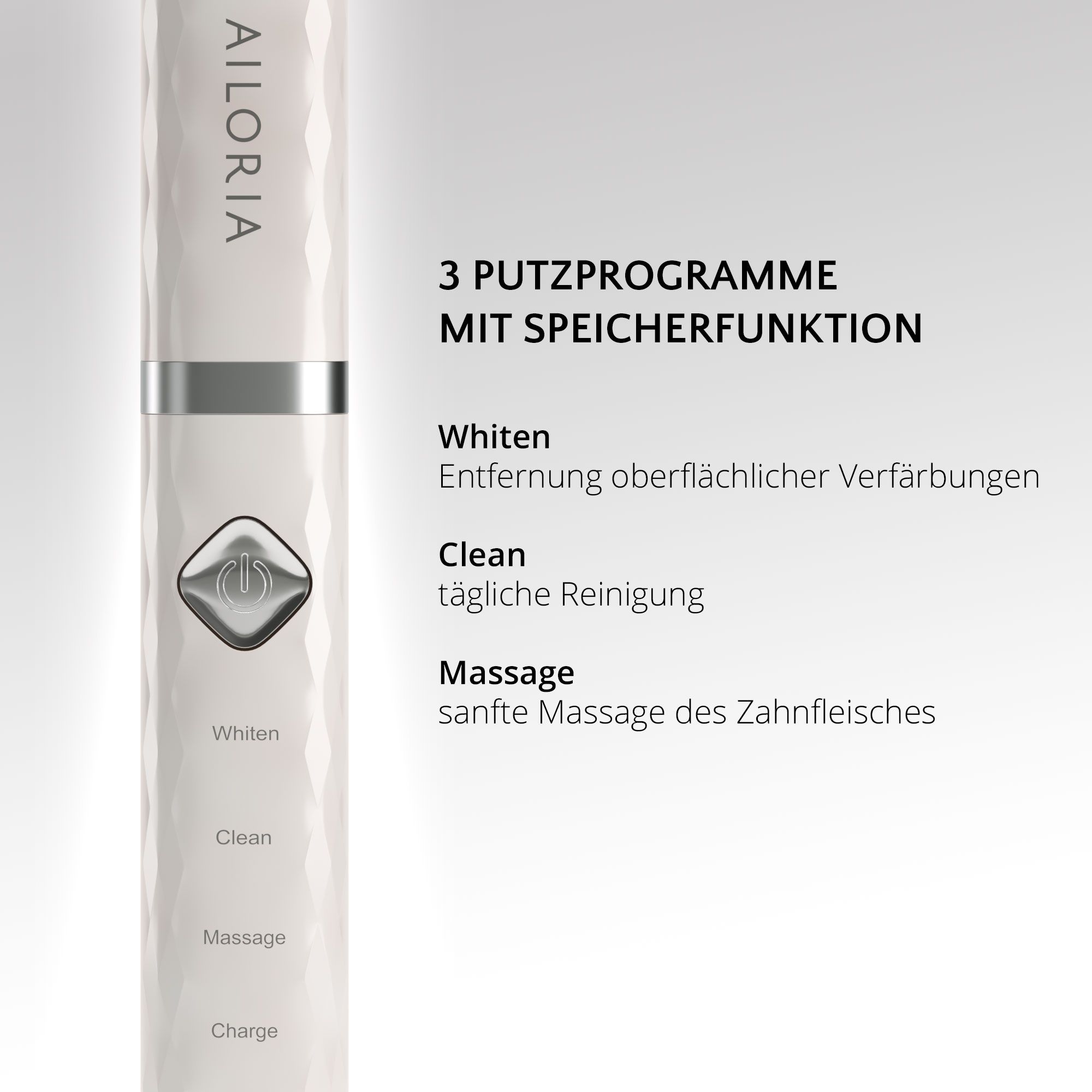 Brosse à dents avec 3 modes : Blanchiment, Nettoyage, Massage. Avec fonction mémoire.