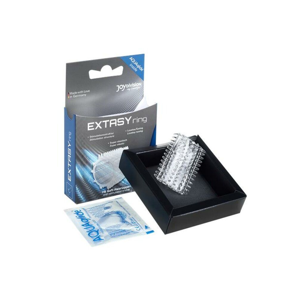 EXTASYring met stimulatiestructuur, super elastisch, in geopende verpakking.