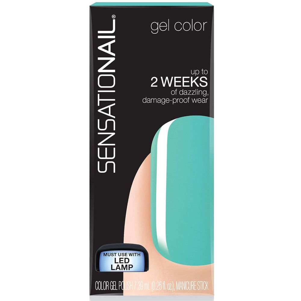 Emballage de vernis gel coloré Sensationail. Couleur turquoise sur ongle. Texte: 2 semaines de tenue.