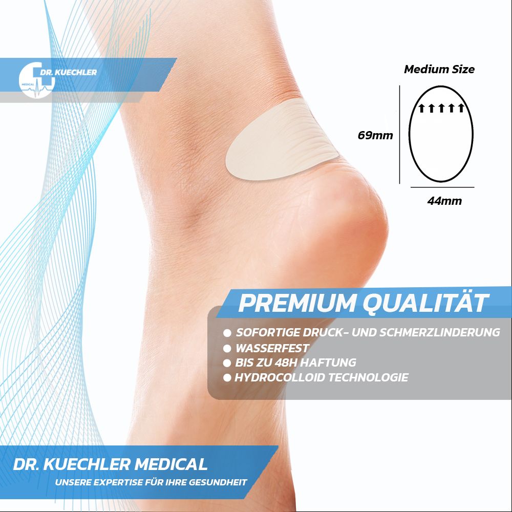 Pansement hydrocolloïde pour ampoules, 69x44mm, appliqué sur un pied. Montre la technologie hydrocolloïde.