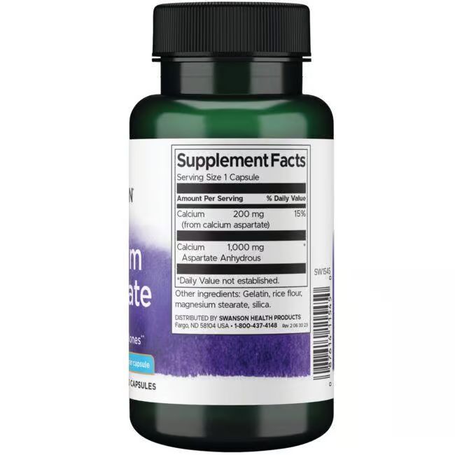 Groene fles met zwarte dop. Achterkant met voedingswaarde: 200 mg calcium, 1000 mg aspartaat.