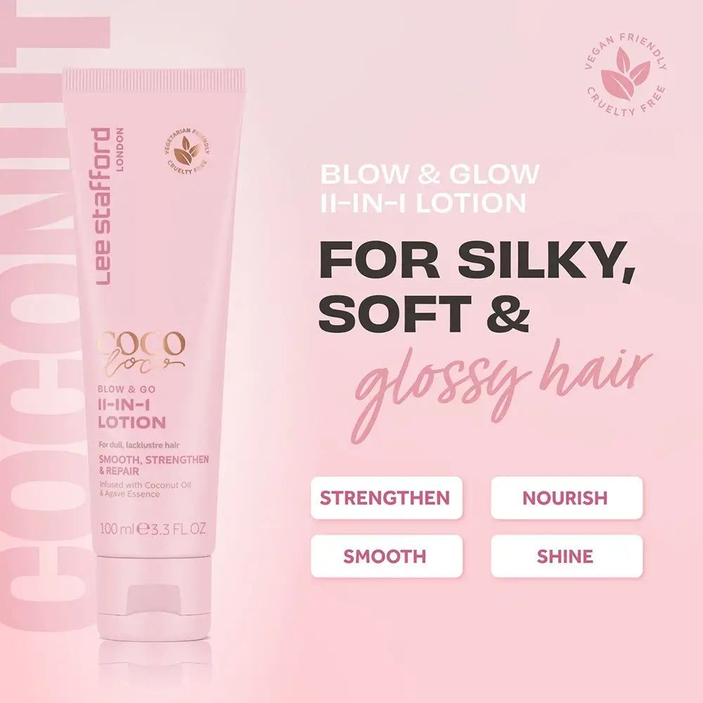 Lee Stafford Coco Loco Blow & Go 11-en-1 Lotion avec texte faisant la promotion de cheveux soyeux, doux et brillants.