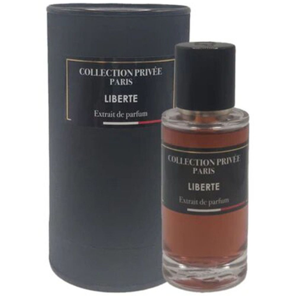 Flacon de parfum et emballage cylindrique. Étiquettes noires avec texte: COLLECTION PRIVEE PARIS, LIBERTE, Extrait de parfum. Liquide brun.