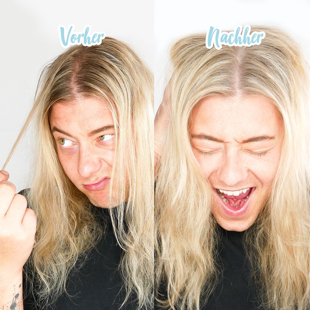Comparaison avant-après. Cheveux blonds avant et après utilisation. Personne avec différentes expressions faciales.