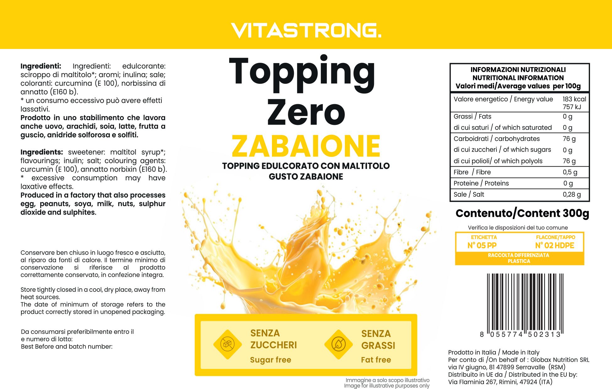 Label Vitastrong Topping Zero Zabaione. Tekst: suikervrij, vetvrij. Voedingswaarde. Ingrediëntenlijst. Streepjescode.