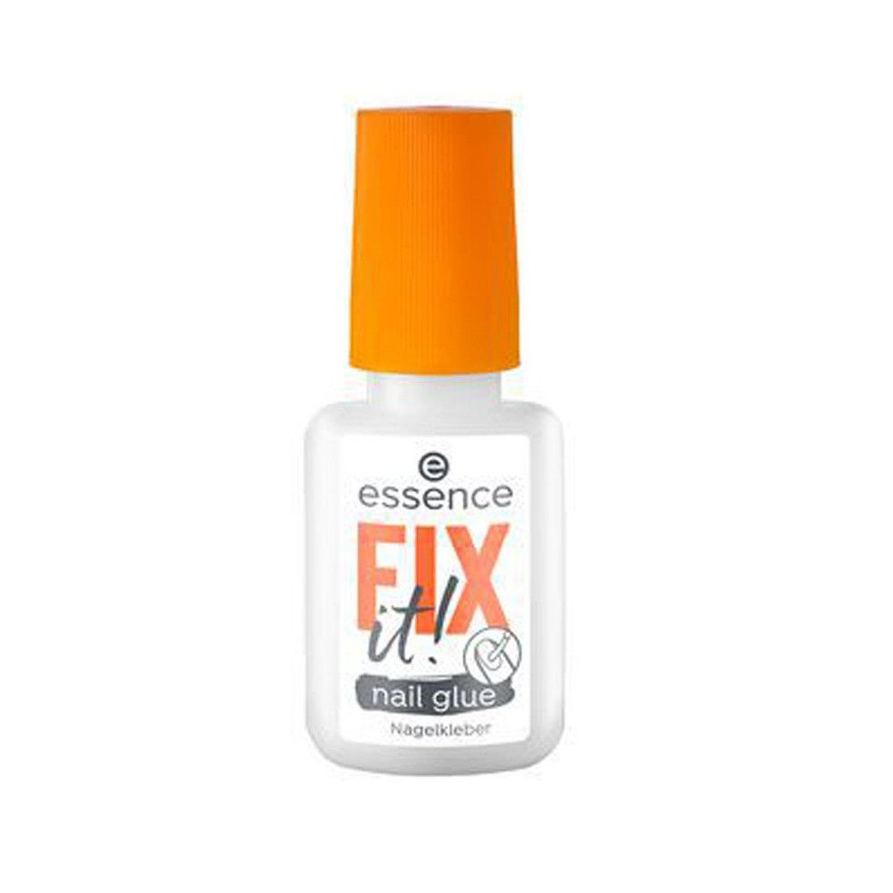 Kleine witte fles met oranje dop. Opschrift: Essence FIX it! nail glue. Nagel lijm.