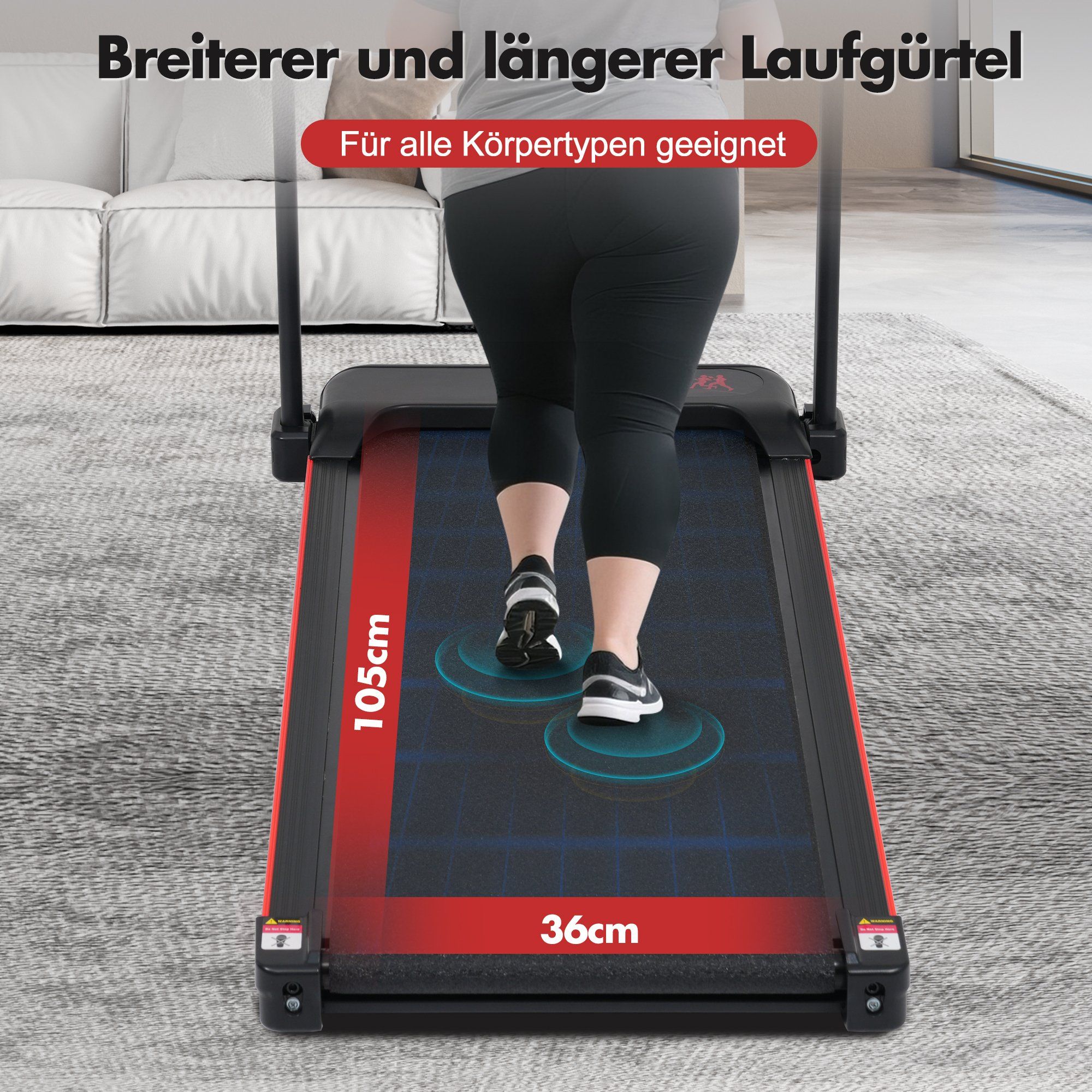 Tapis roulant noir avec une surface de course plus large et plus longue (36x105cm), pour tous types de corps.