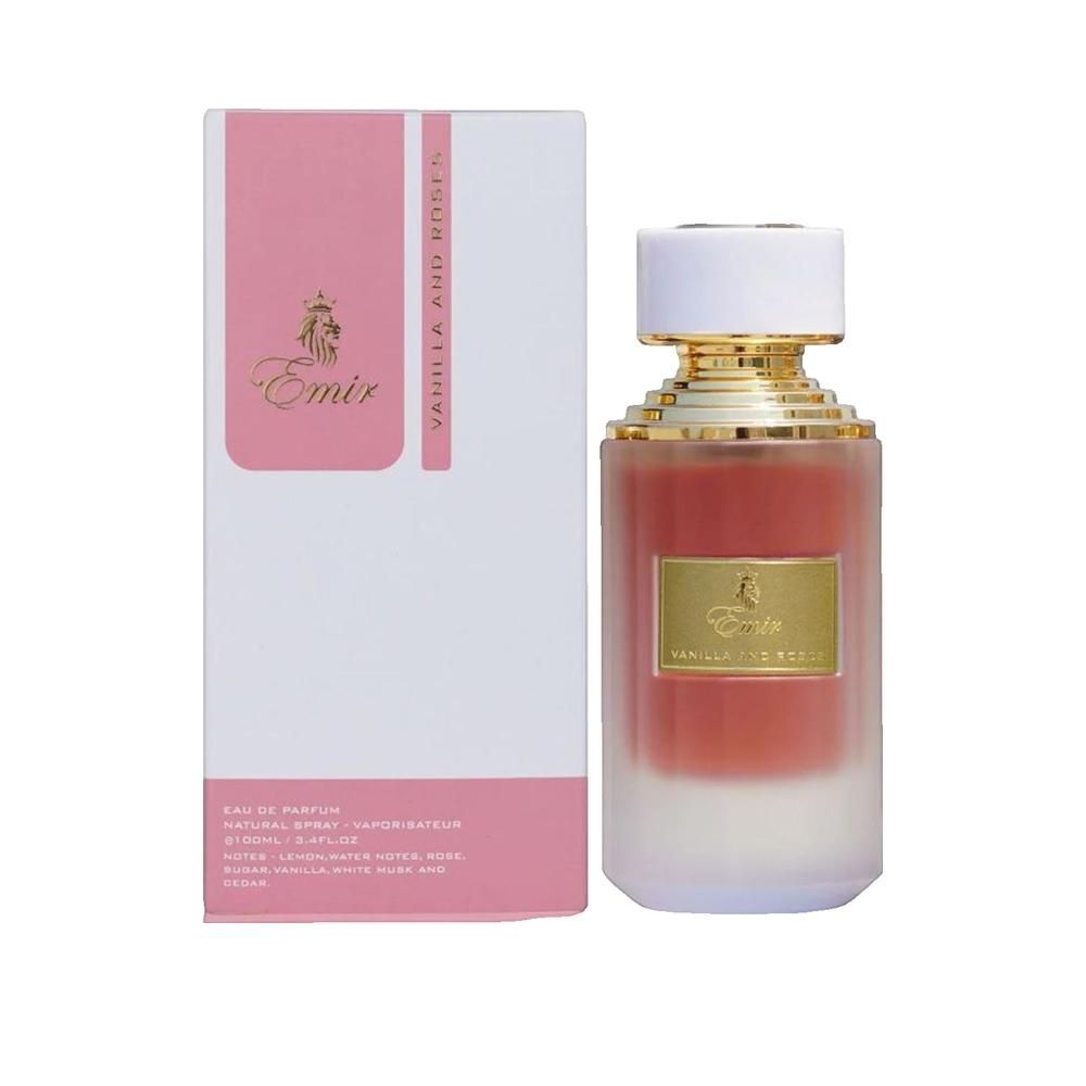 Flacon de parfum et emballage. Flacon avec bouchon doré, liquide rose. Emballage blanc avec accents roses et texte.