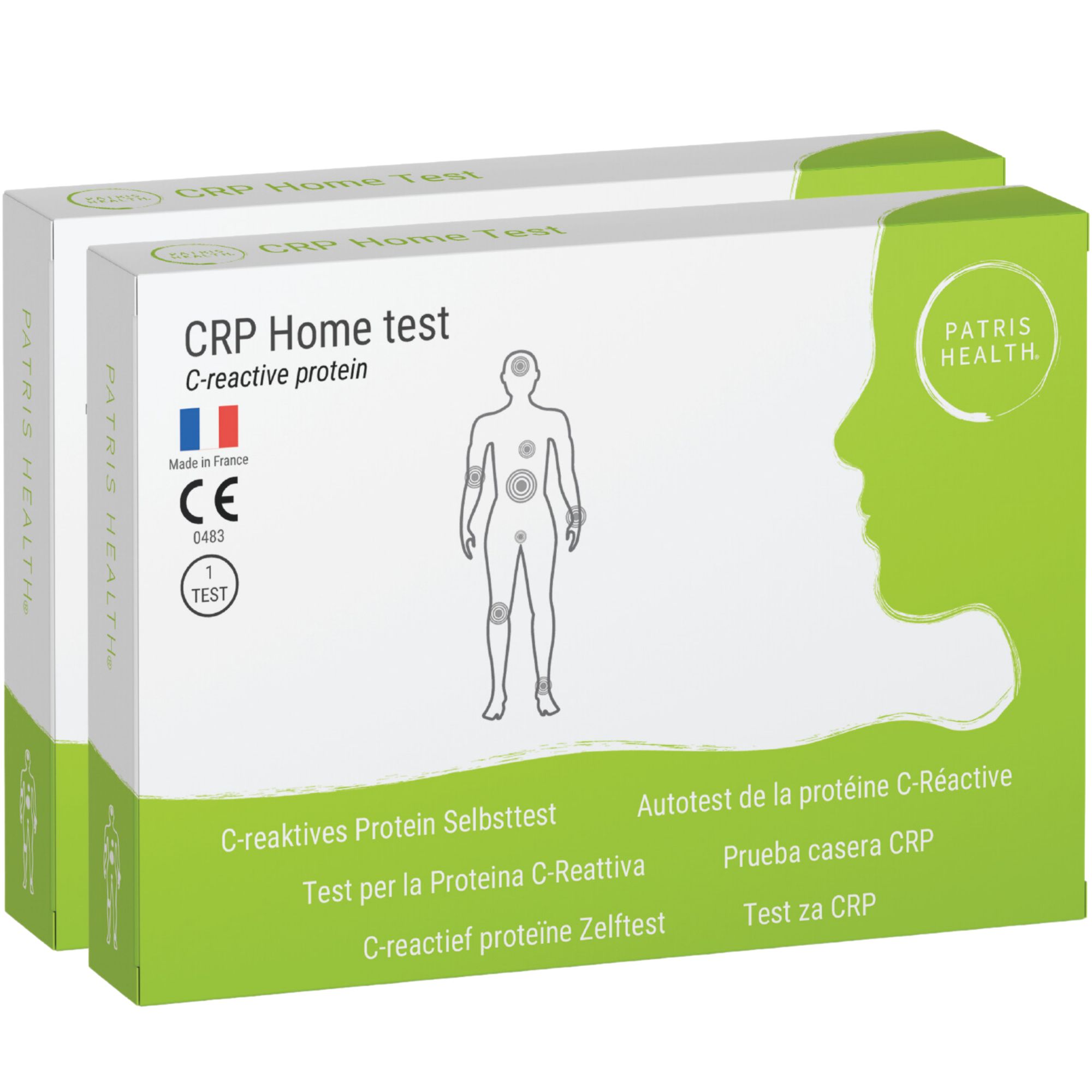 Twee verpakkingen CRP Home Test. Verpakking met productnaam, CE-markering, Gemaakt in Frankrijk. Patris Health®.