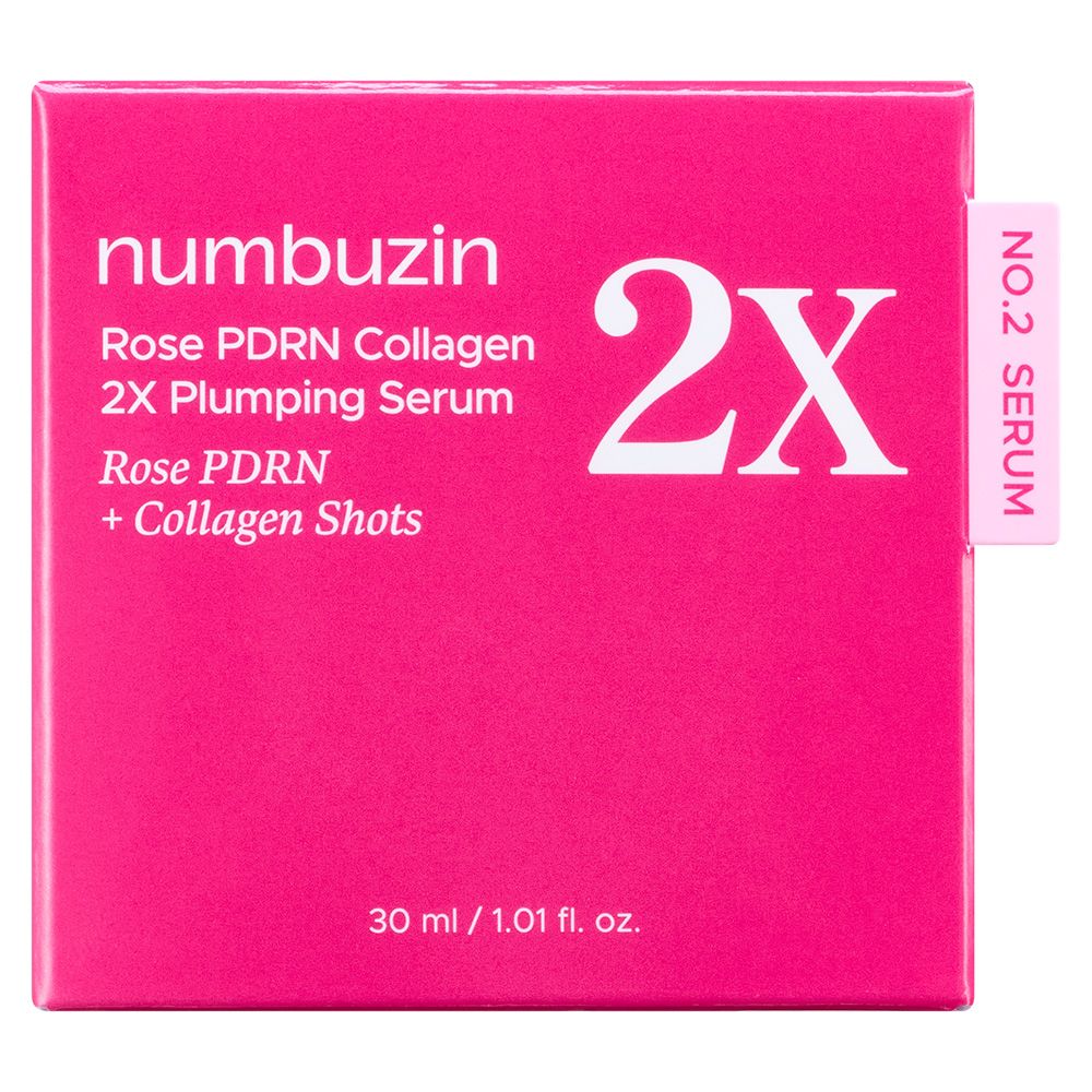 Verpakking van NUMBUZIN Nr.2 Rose PDRN Collagen 2X Plumping Serum in een roze doos.