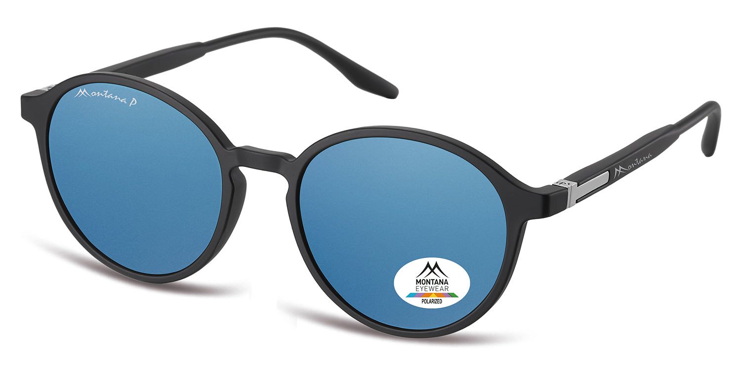 Lunettes de soleil rondes à verres bleus. Monture noire. Logo Montana Eyewear. Autocollant polarisé.